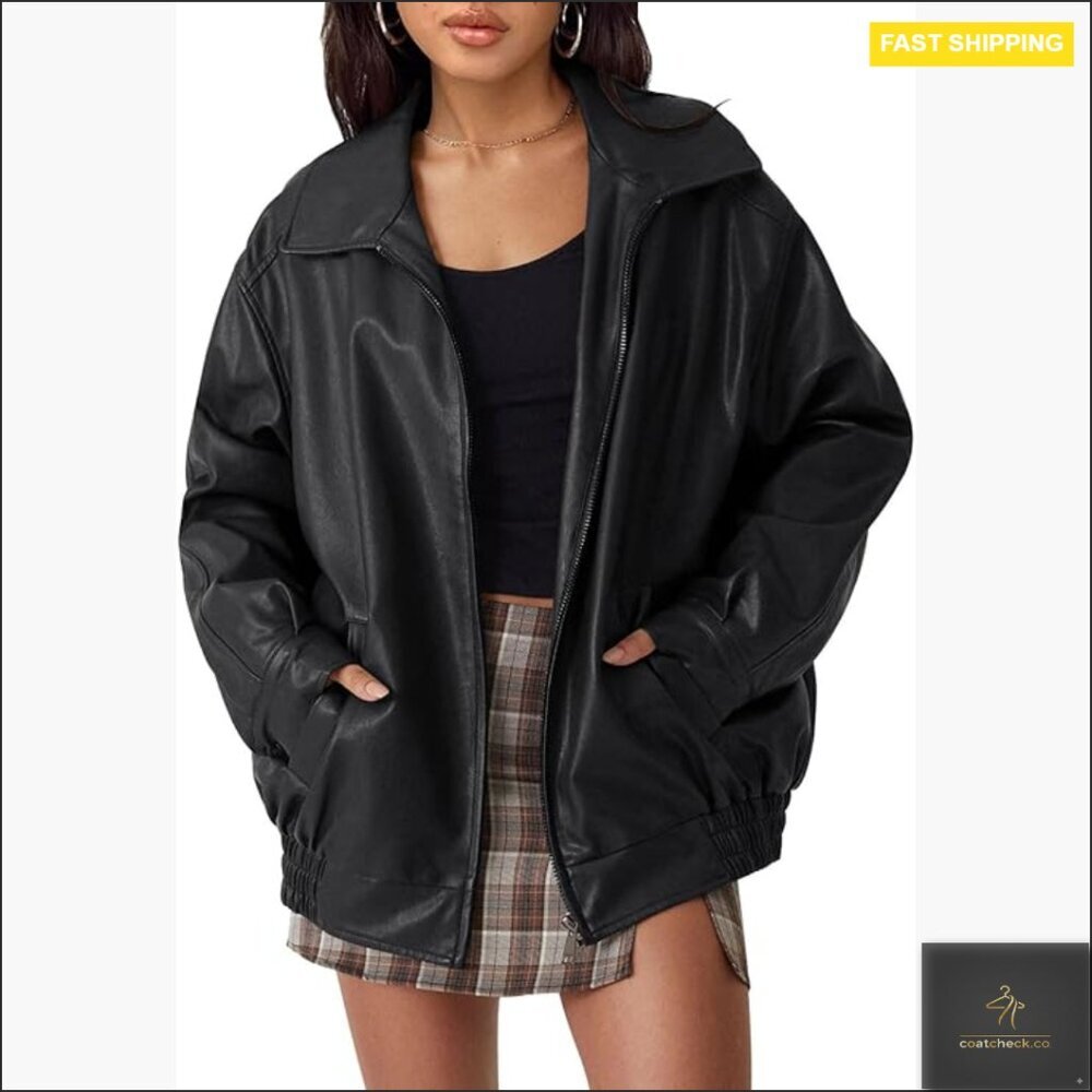 Oversized Faux Leather Motorcycle Jacket with Zipper Closure